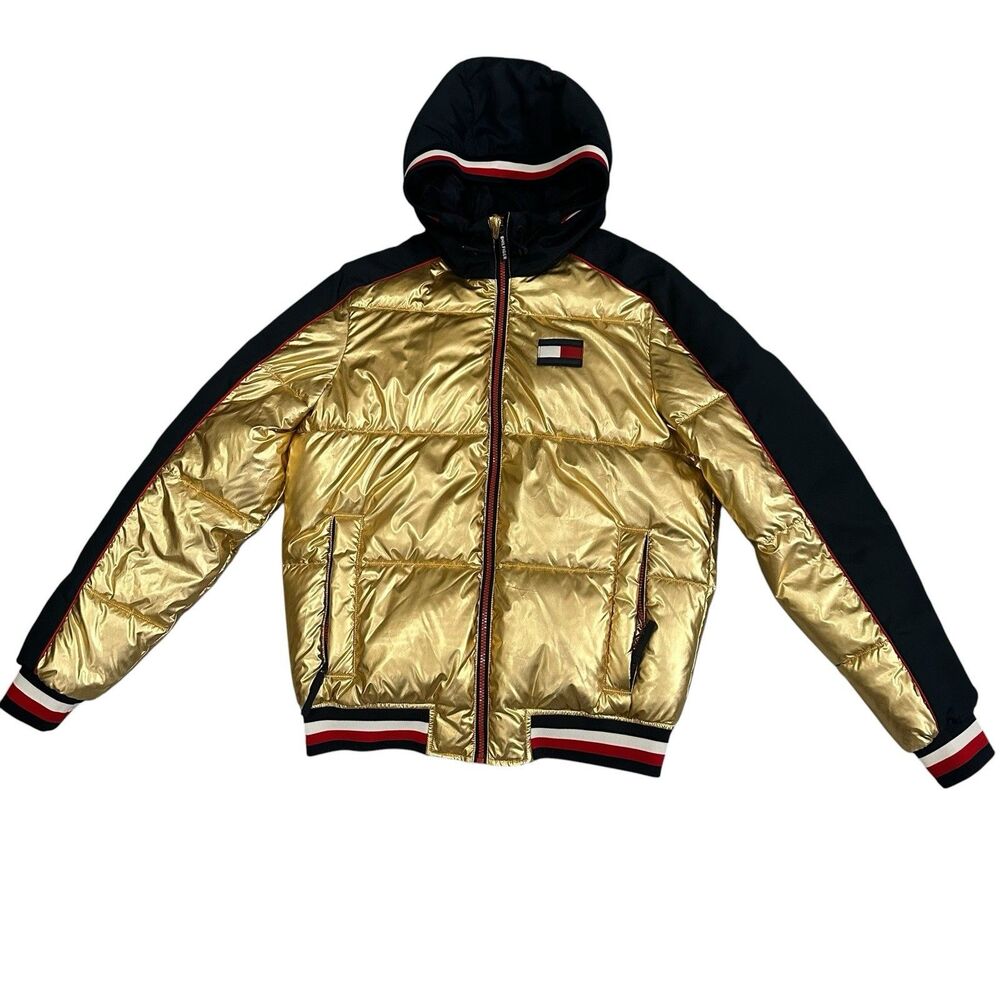 Tommy Hilfiger Puffer Jacket Metallic  Gold Men’s XS Primaloft Navy Red Hooded